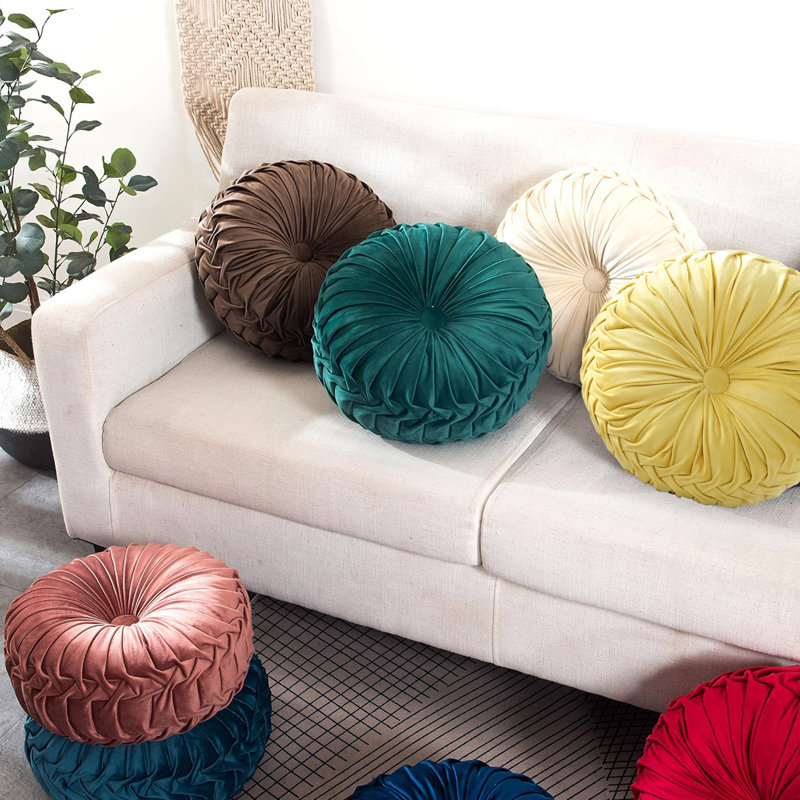 Velvet Round Decorative Pillow for Sofa Decor (15-Inch), Light Yellow