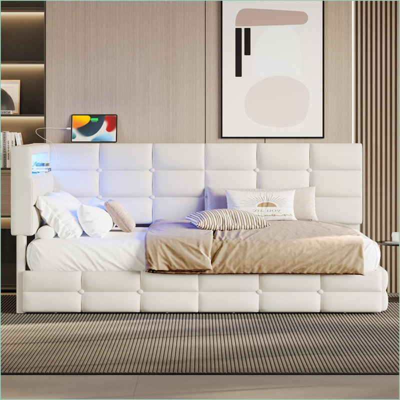 Lit simple en bois d'eucalyptus Lit de jour en fer avec station de charge à DEL qui ne s'allume pas avec sommier beige pour chambre d'amis