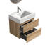 Meuble-lavabo de salle de bain moderne du milieu du siècle au design unique en chêne, lavabo blanc, tiroirs silencieux, panneaux de qualité E1, assemblage facile, meuble-lavabo mural de 24,28 po de profondeur, panneau à grille, double fermeture en douceur.
