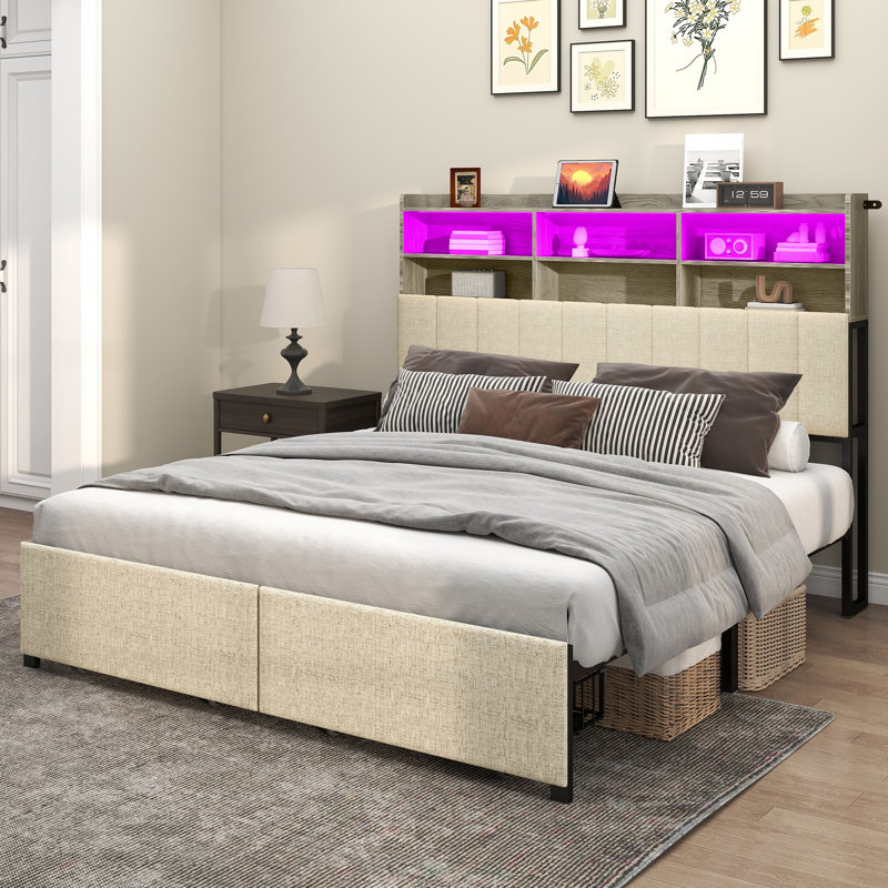 Lit plateforme tapissier avec pied de lit avec rangement, Beige
