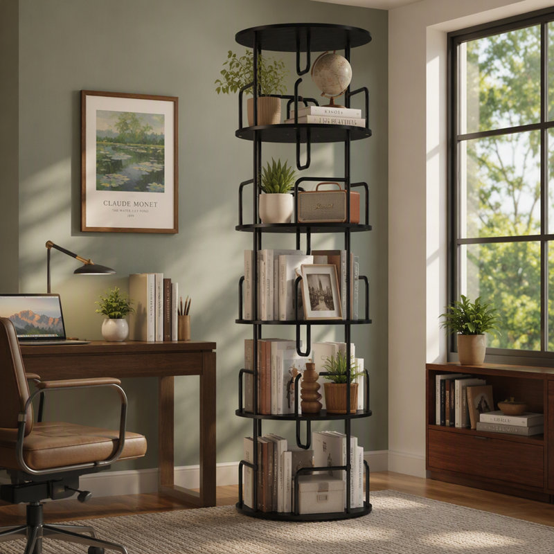 Tour de bibliothèque pivotante à 5 niveaux, 5 niveaux, bibliothèque étroite tournante, tablette de rangement verticale pivotante, blanche