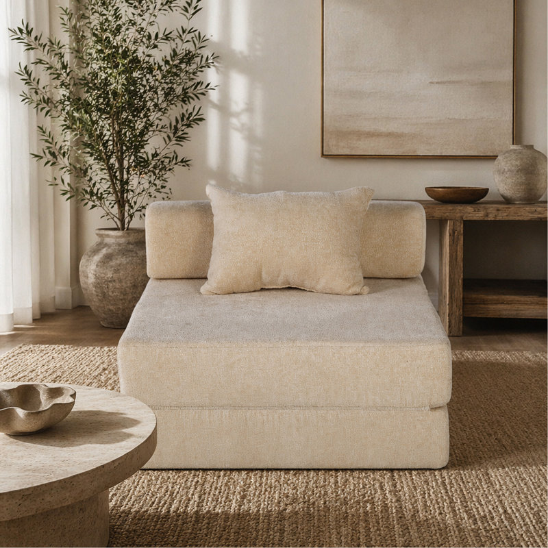 Canapé à compression, canapé-lit convertible au sol avec structure de forme fixe, canapé modulaire à une place sans os, sans assemblage, tissu chenille, pour la chambre à coucher, beige