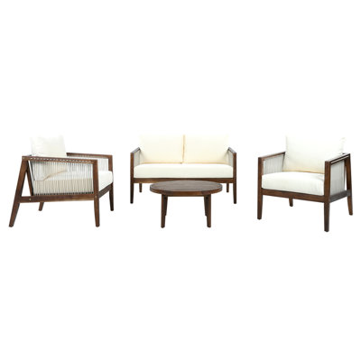 Outdoor 4-Piece Sofa Set, Acacia Wood Frame With Rope Detail, Water-Repellent Beige Cushions For Patio/Backyard/Deck, Dark Brown Finish