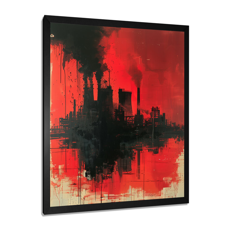 Rouge, noir, Polution Industrial Power Plant II - centrales électriques, art mural, H 12 po x l 20 po, Cadre simple noir