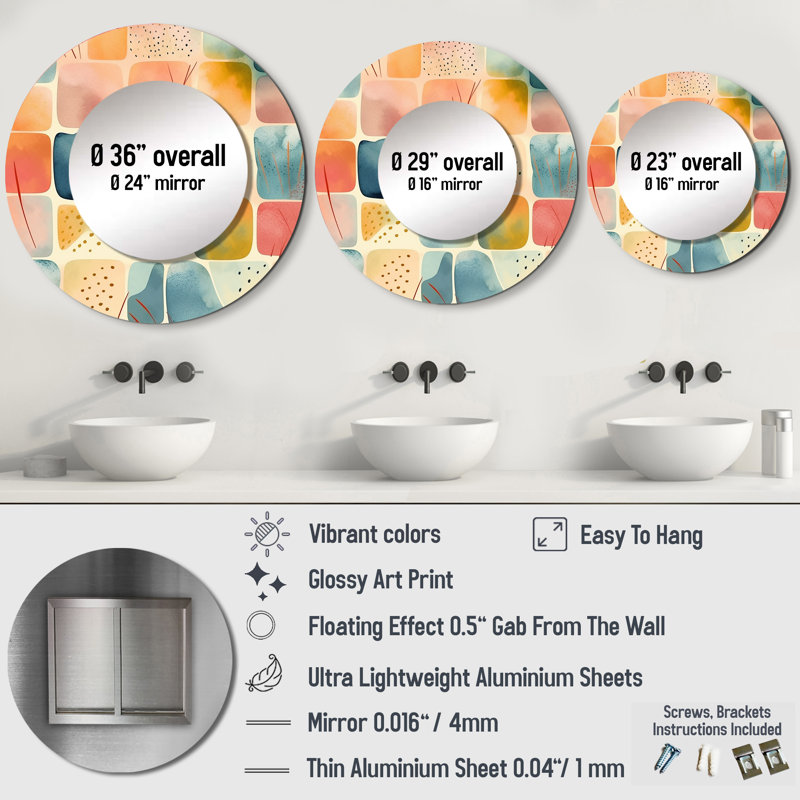 Rahoz Orange Fun Pattern Of Shapes III - Geometric Large Wall Mirror, Orange Round Decorative Mirror, Printed Metal Art