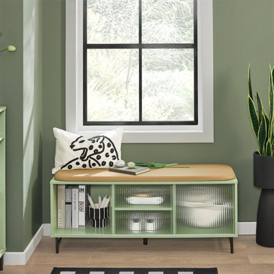 Hallway Storage Bench Shoe Cabinet With Glass Sliding Doors And Seat Cushion