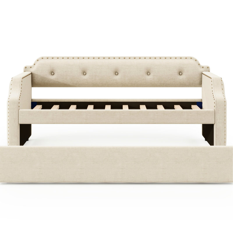 Lit de jour simple rembourré avec couchette, revêtement en lin beige, pour chambre d'amis