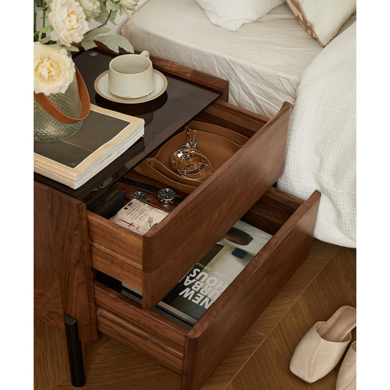 Wabi Sabi Walnut Wood Nightstand Handleless Double Drawer Solid Wood Construction
