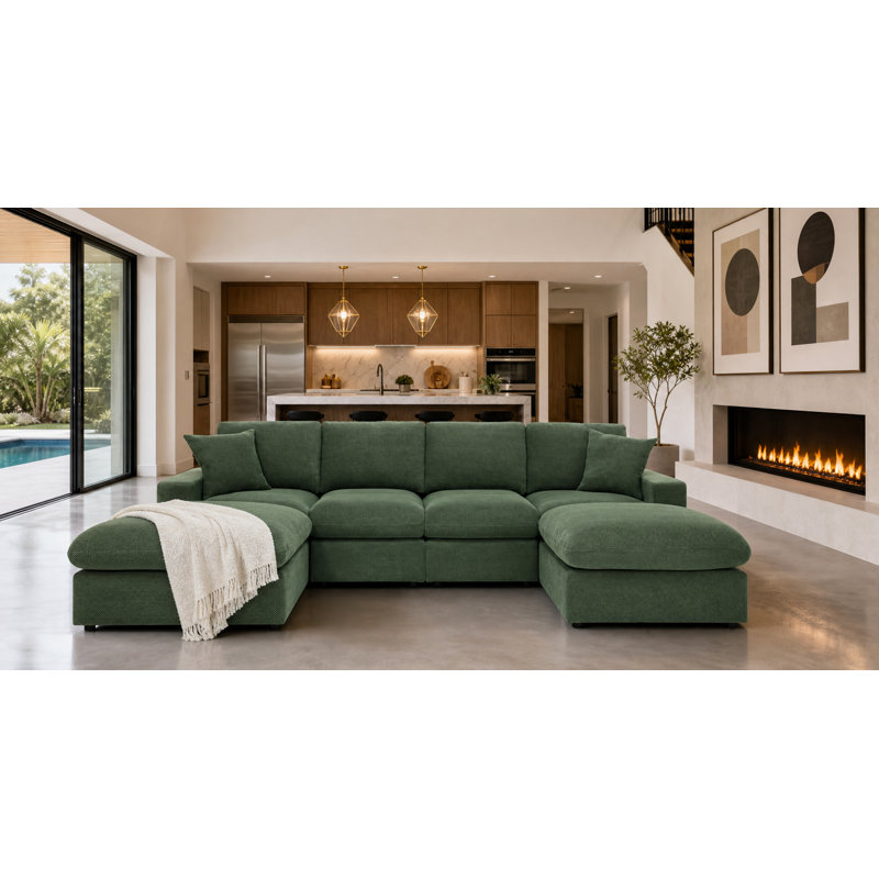 Sofa de coin Mountster avec deux poufs, Polyester vert foncé