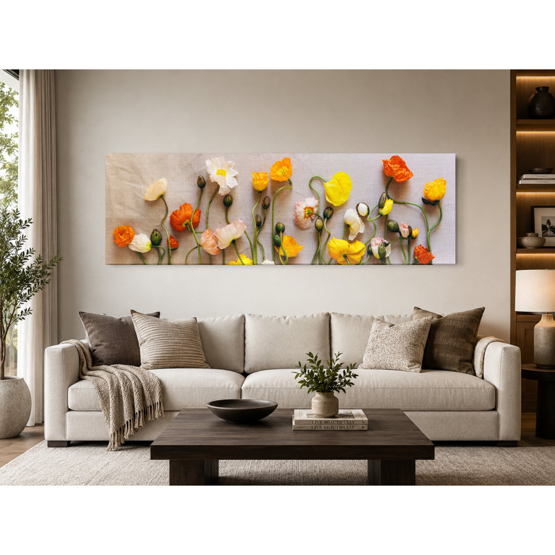 «Poppy Flatlay in Orange and Yellow», art mural panoramique sur toile, 30" W x 10" H