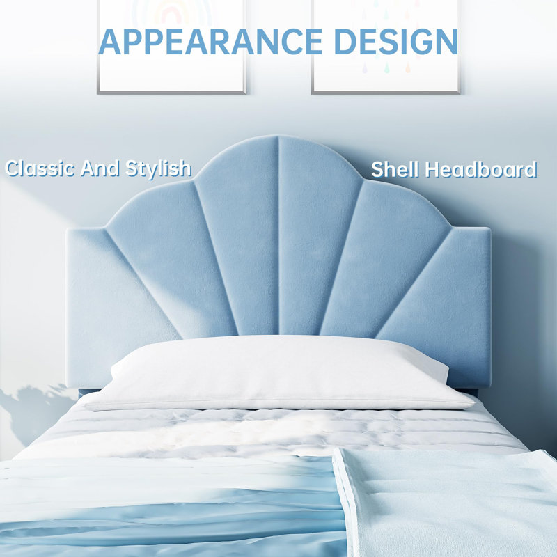 Twin Bed Frame, Velvet Upholstered Platform Bed Frame With Height Adjustable Headboard, Blue