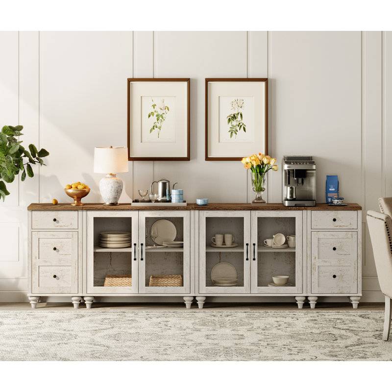 Buffet Corretta avec 4 portes en verre et plusieurs tiroirs, Blanc rustique / brun