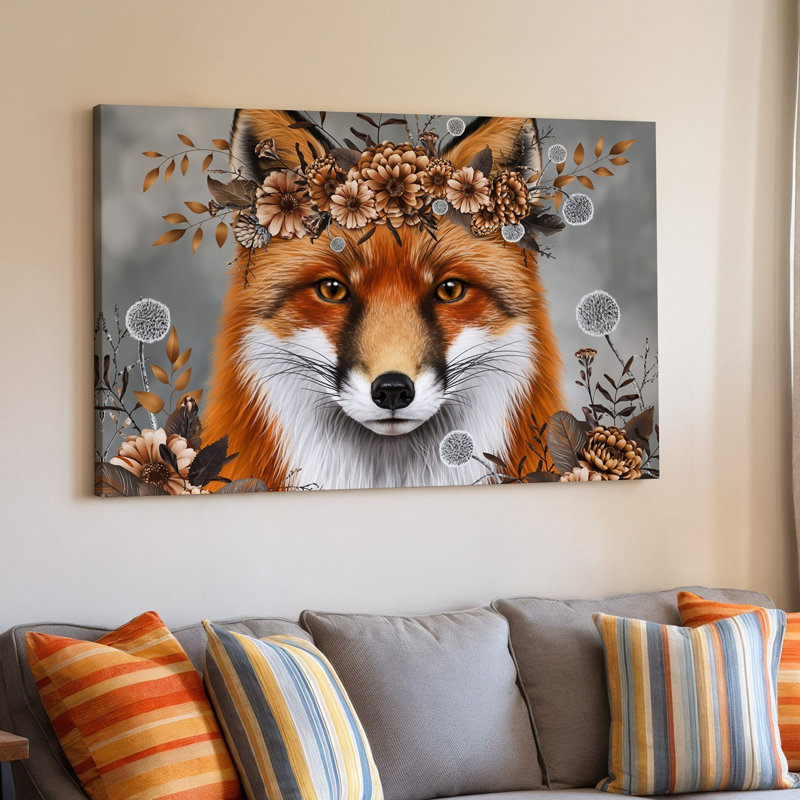 Toile, un renard majestueux avec un manteau orange vif orné d'art mural Une couronne de fleurs complexes et de feuillage posée sur un art mural