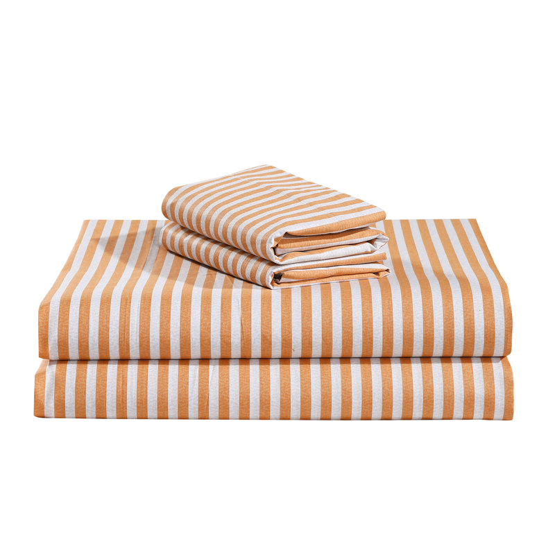 100% Cotton Twill Sheet Set, Queen Sheet Set + Fitted Sheet + 2 Pillowcases, Orange Stripped