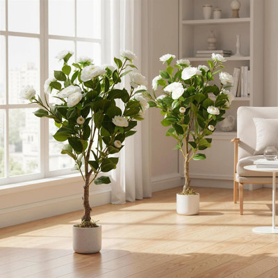 2 pièces 33in Camellia artificiel en pot, fleurs roses réalistes pour la décoration intérieure et extérieure de bureau à domicile