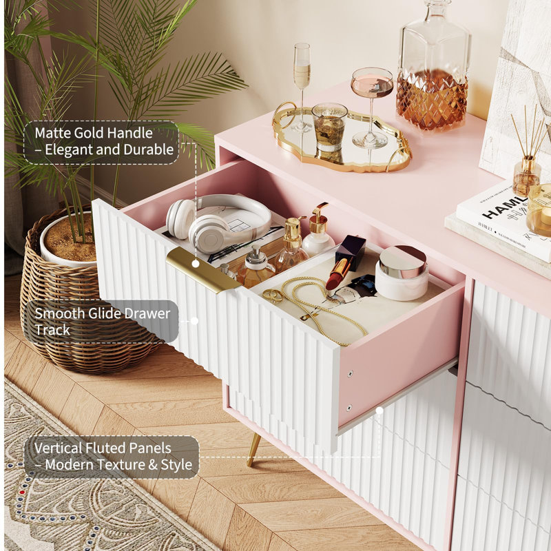 Commode 47 po à 6 tiroirs, commode en bois moderne et meuble télé pour chambre à coucher et salon, Rose
