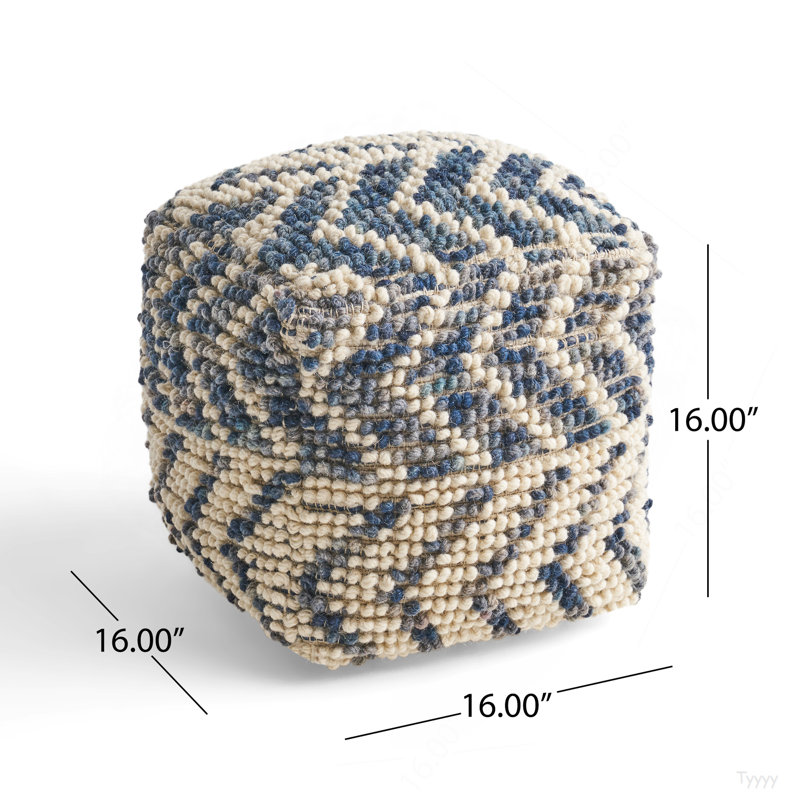Alina Wool And Cotton Pouf, Natural And Blue
