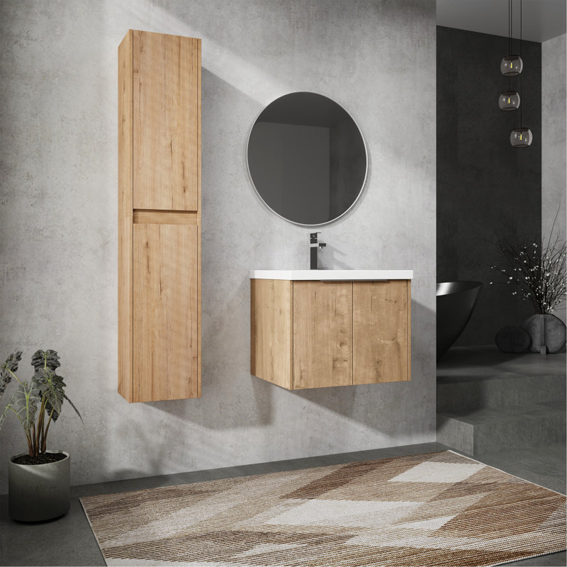 Meuble-lavabo mural avec lavabo et armoire latérale, offrant beaucoup de rangement et un design élégant