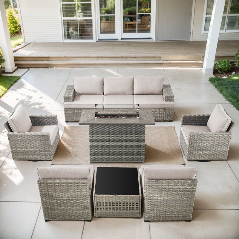 Clute Arnoltice 7 - Person Outdoor Wicker Rattan Patio Sofa Seating Group With Fire Pit, Armless Chairs And Side Table, Beige