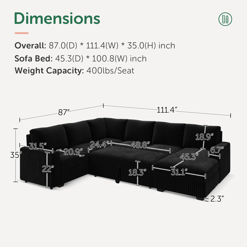 Brunella U-shaped Corduroy Sectional Sleeper Sofa Pull Out Sofa Bed, Black Corduroy