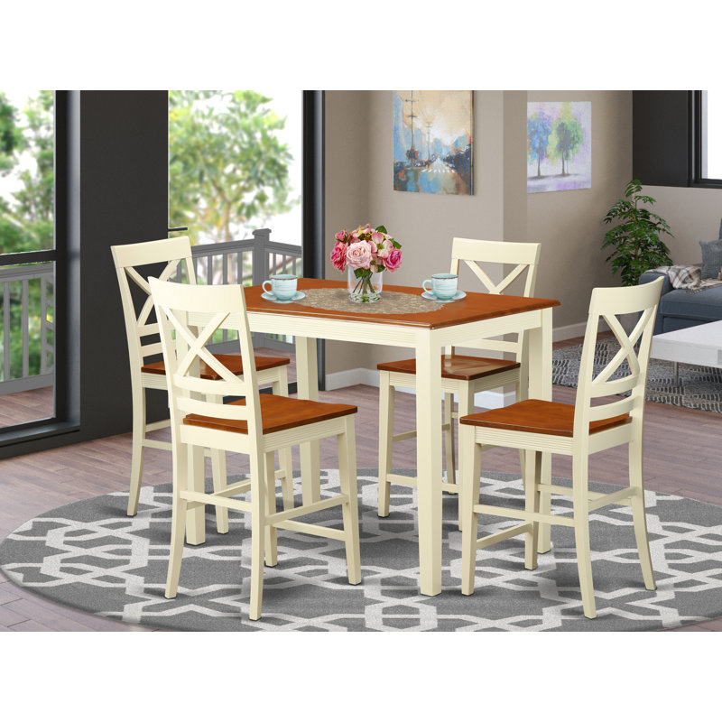 Ensemble de table de salle à manger à hauteur de comptoir 5 pièces comprenant une table de salle à manger rectangulaire et 4 chaises en bois, babeurre et cerise