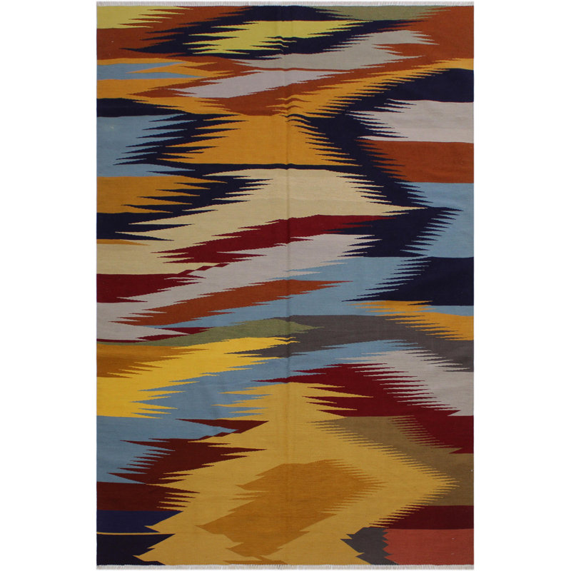 Tapis jaune / bleu / brun en laine à motif abstrait fait à la main 6 pi x 9 pi Madee