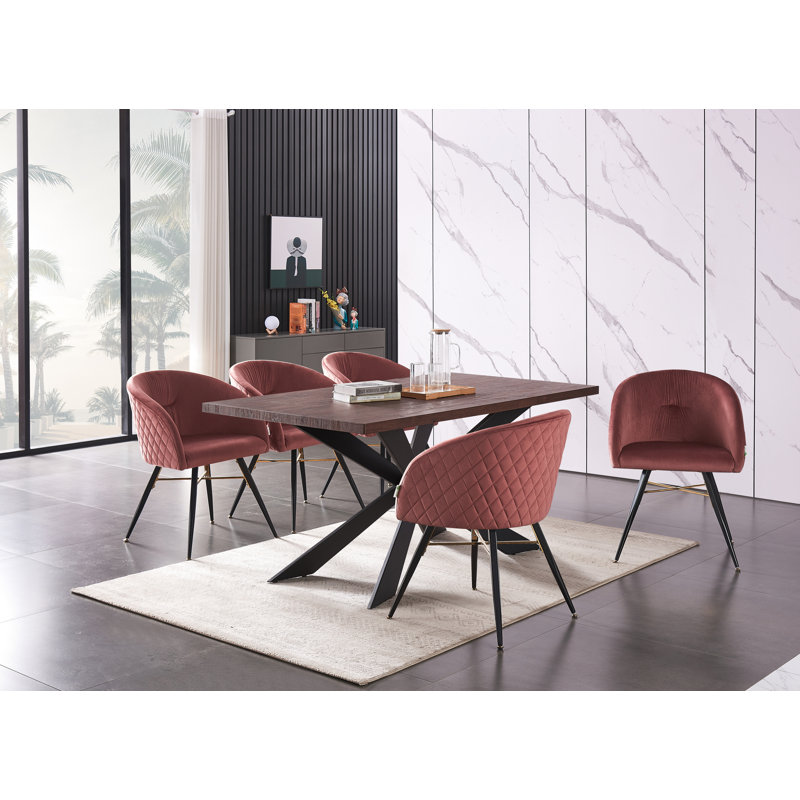 Goddard  6 Person Dining set - a Rectangular Wooden Dining Table with Metal Legs and a Set of 6 Quilted Velvet Dining Chairs for Dining Room - Modern Dining Table Set