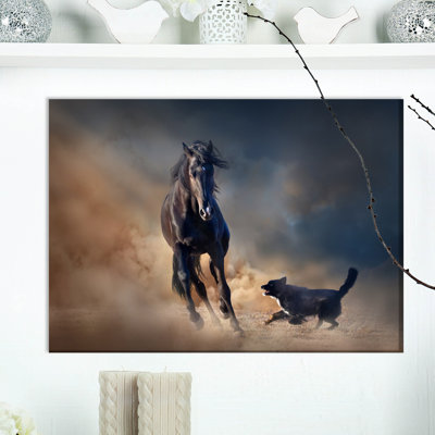 «Black Stallion Horse with Dog», reproduction de photo sur toile tendue