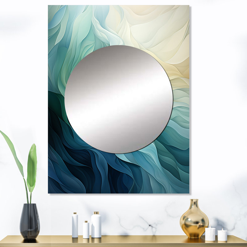 Piane vert et blanc Sway Wave Serenity IV - grand miroir mural géométrique, miroir unique vert, impression sur métal