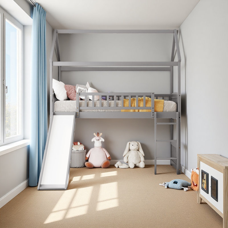 Twin Loft Bed With Slide, House Bed With Slide, Gray
