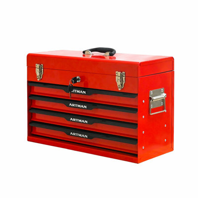 20-inch Steel Portable Tool Box With Drawers - Tool Storage Box Organizer With Metal Lock Closure Device - Powder-coated Tool Storage Cabinet (RED)
