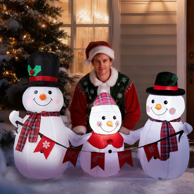 Famille de bonhomme de neige gonflable de Noël 6,2 pi avec banderoles, 3 lumières à DEL intégrées, polyester résistant aux intempéries, avec 6 piquets et 2 cordes de sécurité pour la cour / le jardin / l'intérieur