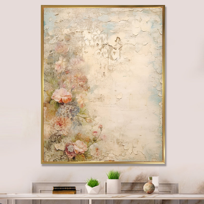 Bouquet rustique de roses roses, art mural - rose, H 40 po x l 30 po x P 1,5 po, Reproduction avec cadre flottant, Doré