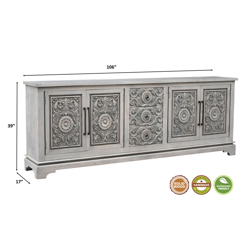 3-drawer 4-door Carved Solid Wood Sideboard, Gray