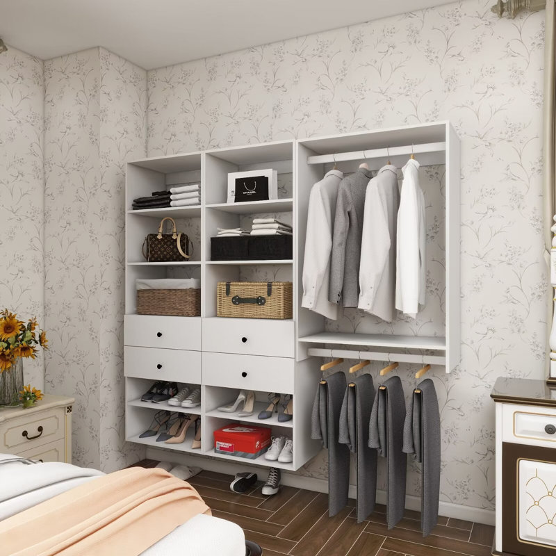 White Modular Walk in Closet Organizer System with 2 rods 10 shelves and 4 drawers