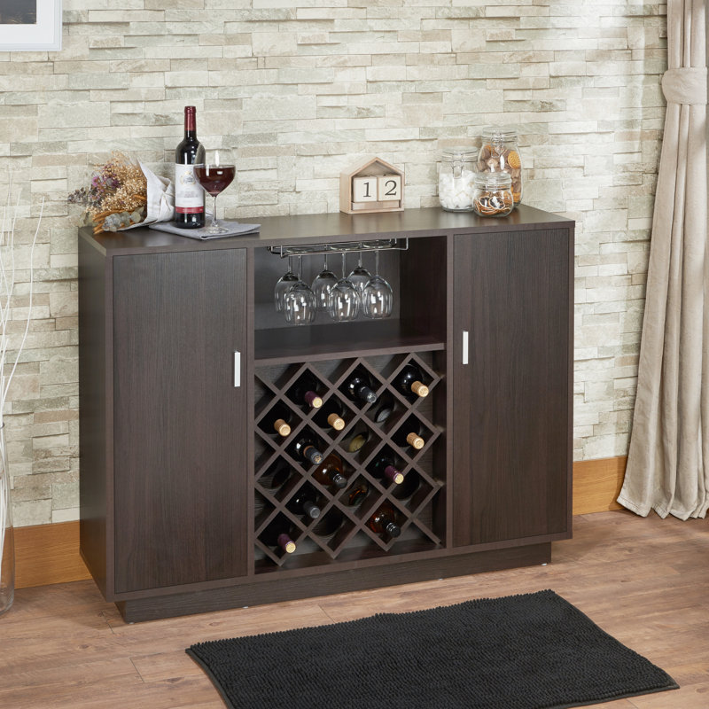 Unité de conservation pour 16 bouteilles de vin - porte-gobelet, couvercle, tablette profilée élégante 18 bouteilles en bois composite, élément tendance