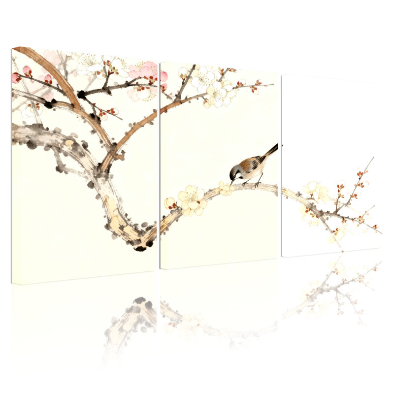 Oiseaux perchés sur une branche de fleur, ensemble de 3 impressions sur toile, H 30 po x l 60 po