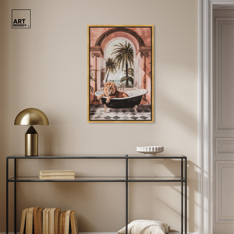 «Sleeping Lion Bath» par Art Remedy, Cadre doré, H 31 po x l 21 po