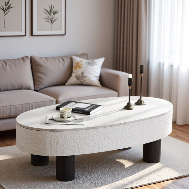 Table basse moderne ovale avec plateau en faux marbre, tiroir et espace de rangement caché