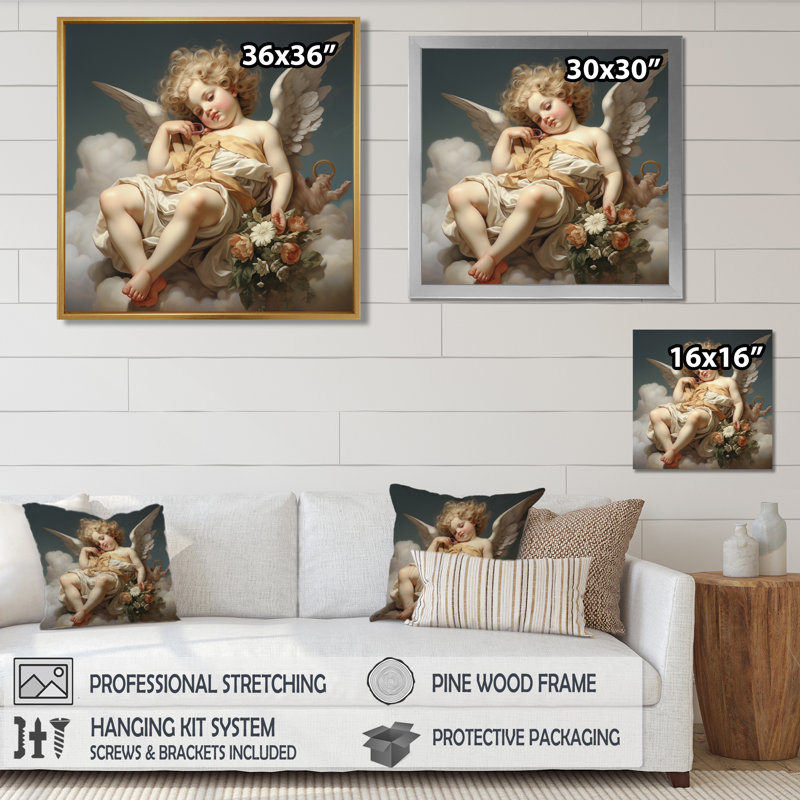 «Cherub Angel Dreaming - Wings Angel», art mural, Cadre flottant doré, H 30 po x l 30 po x P 1 po