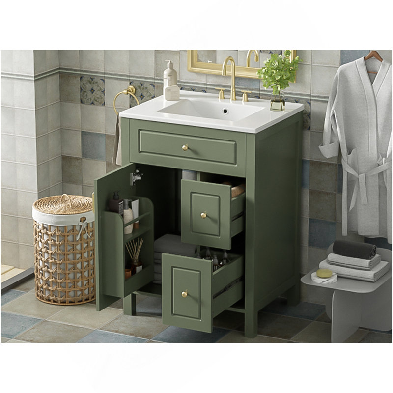 Meuble-lavabo de 24 pouces avec lavabo en céramique, 1 porte à fermeture en douceur, 2 tiroirs à fermeture en douceur et 2 supports de rangement sur la porte