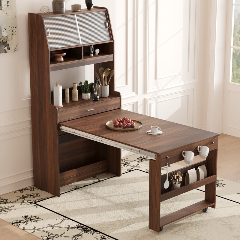 Kitchen Pantry With Foldable Dining Table, Walnut