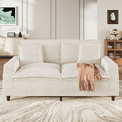 Canapé 2 places en chenille beige avec accoudoirs carrés de 150 cm, structure en bois massif et poche de rangement pratique. Parfait pour un appartement.