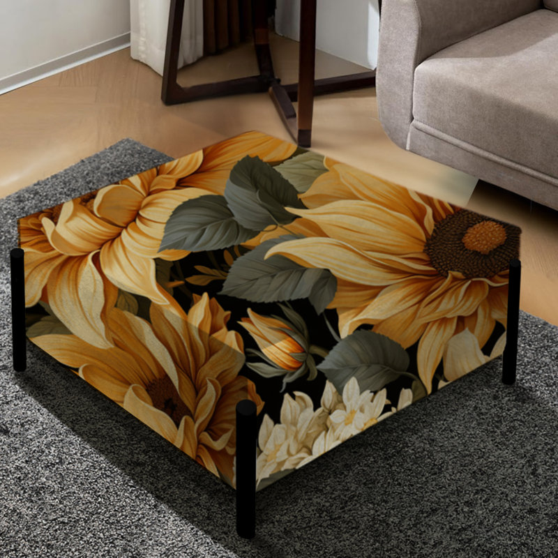 Grand repose-pieds carré rustique à motif floral jaune rustique