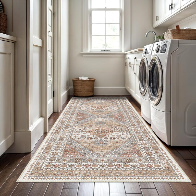 Medallion Non Slip Washable Rug(Orange), Runner 3' x 8'