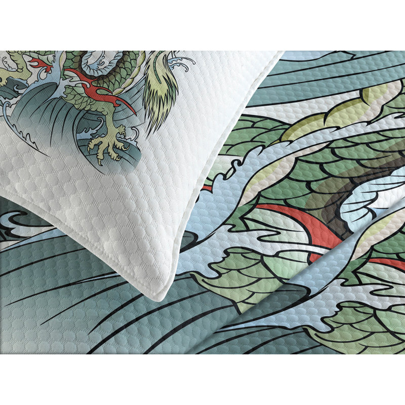Ambesonne Dragon Bedspread Set  Eastern Creature  Pale Green Vermilion, King Coverlet / Bedspread + 2 Standard Shams