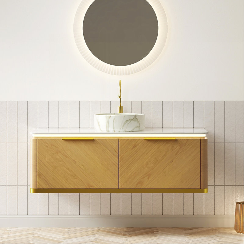 Meuble-lavabo de 48 po avec lavabo en contreplaqué flottant avec 2 tiroirs, capteur de lumière, vasque en céramique blanche à motif de pierre et plateau en pierre frittée, pré-assemblé, couleur grain de bois de chêne Corolla