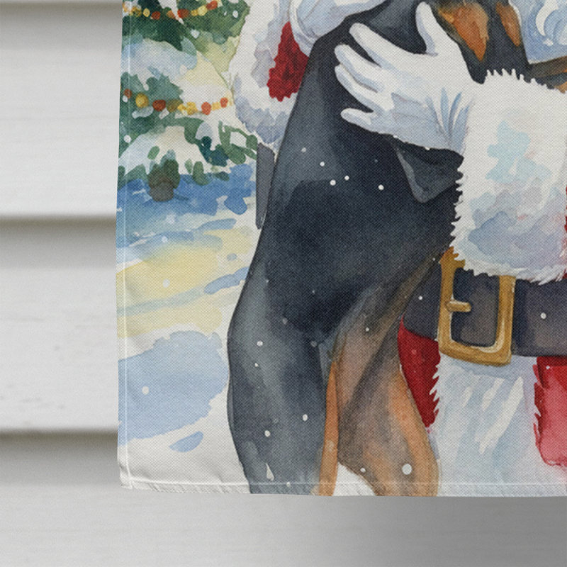 Doberman pinscher avec le drapeau de la maison du Père Noël, Taille de la maison, Doberman pinscher