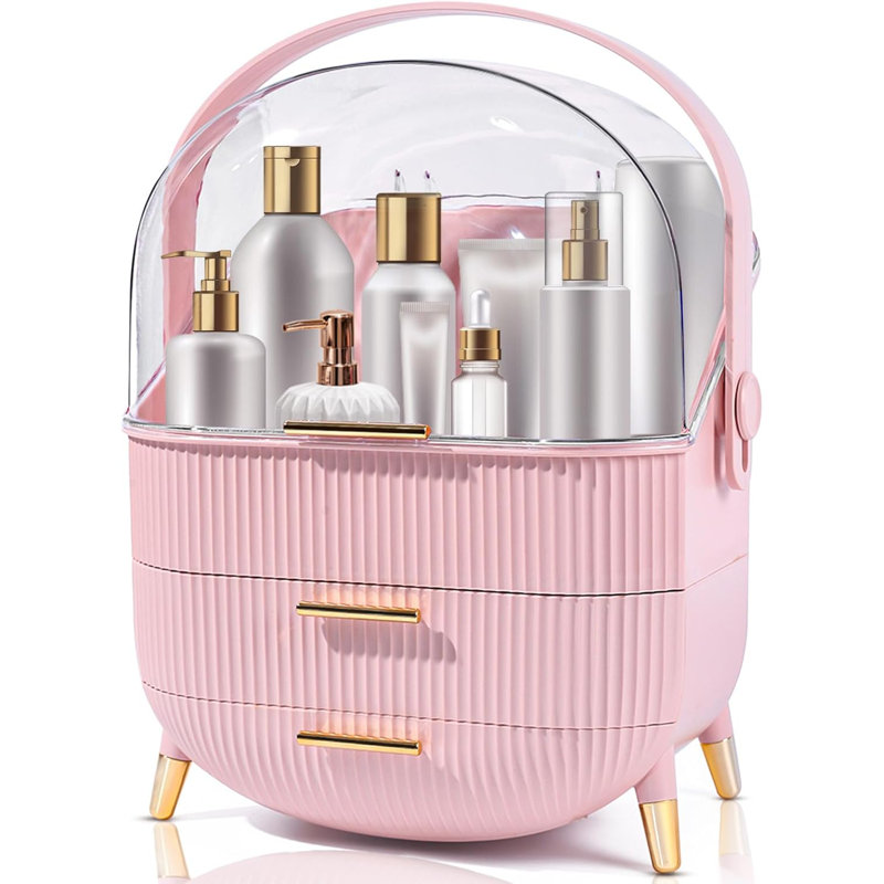 Pink ABS Makeup Organizer with Lid and Drawers