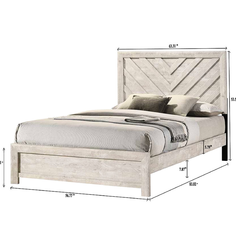 Grand lit rustique de couleur gris beige, tête de lit à motif géométrique, meubles avec finition, motif de tête de lit, bois massif